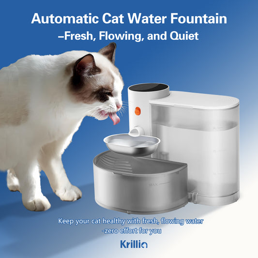Krillia automatic cat water fountain with cat drinking fresh flowing water – effortless pet care