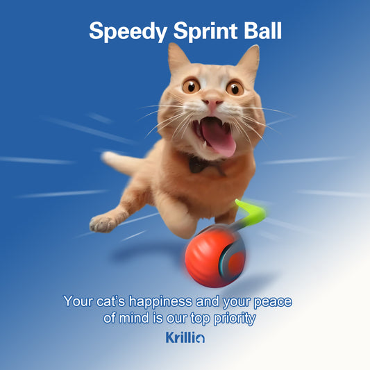 Krillia Speedy Sprint Ball interactive cat toy with orange rolling ball and green tail, designed for energetic play and exercise.