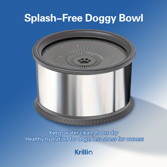 Krillia splash-free dog water bowl keeps floors dry and provides clean hydration for dogs.