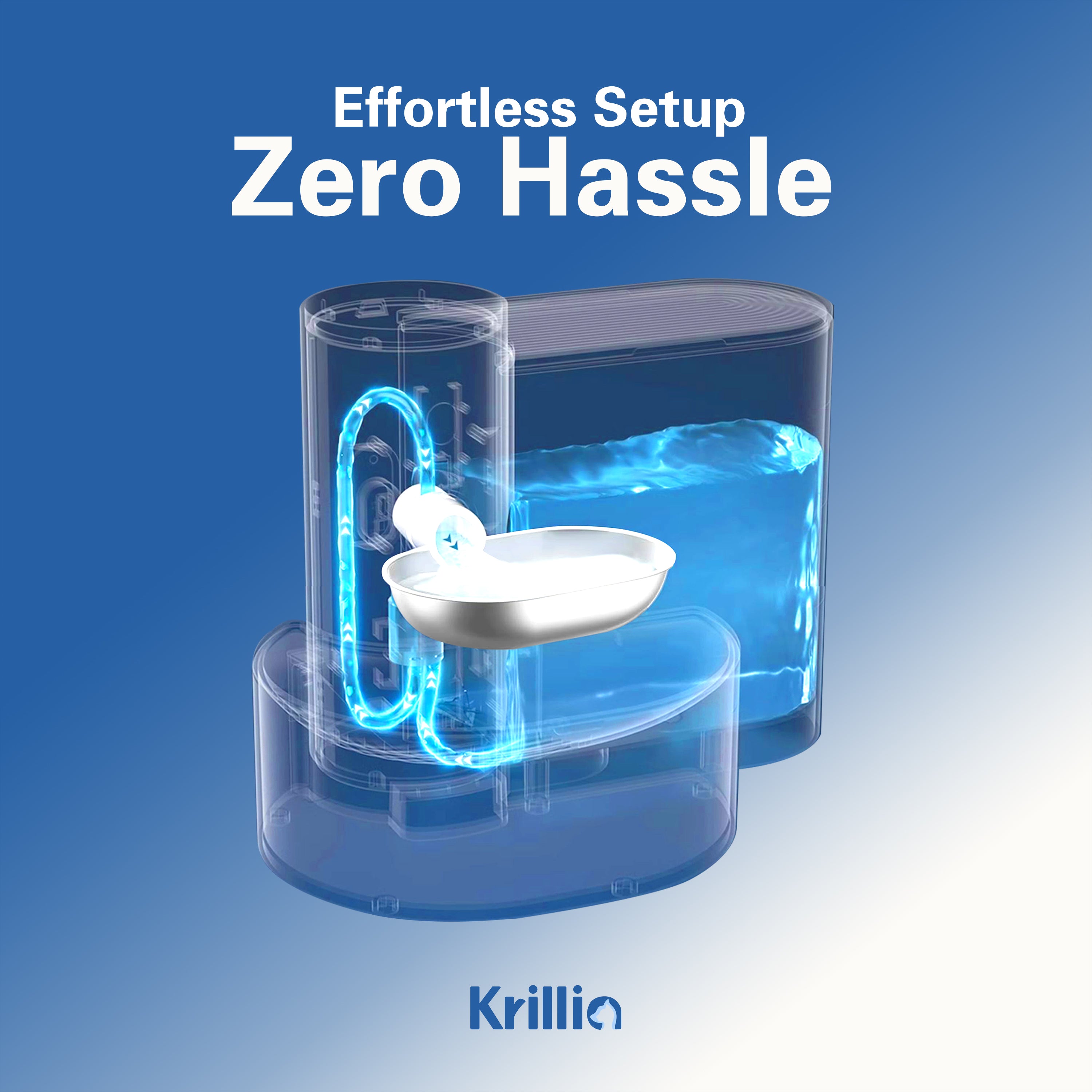 Krillia smart cat water fountain with transparent design showing internal water cycle, effortless setup, and zero-hassle installation for effortless pet care.