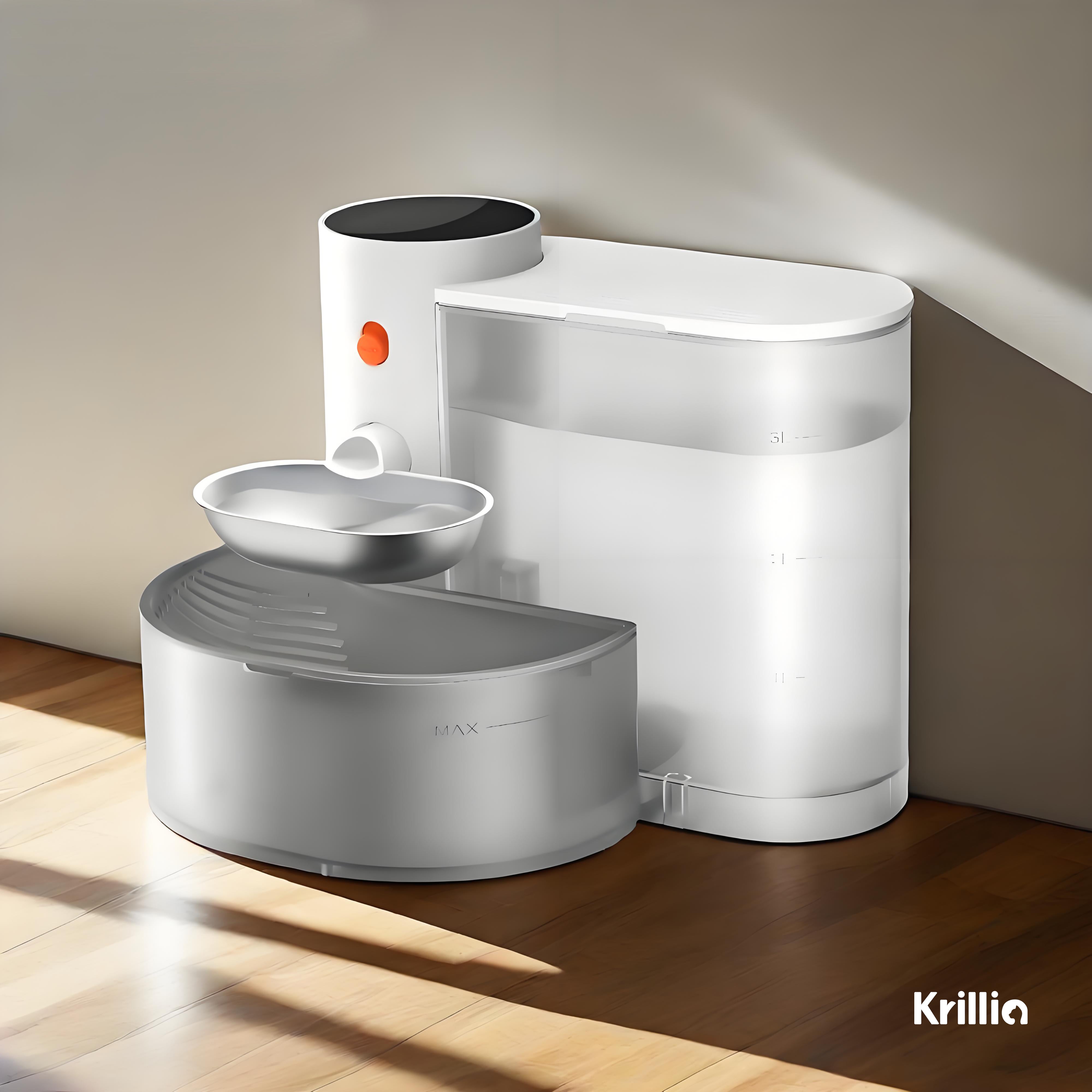 Krillia smart automatic cat water fountain placed indoors, modern design for effortless pet care and continuous fresh water.