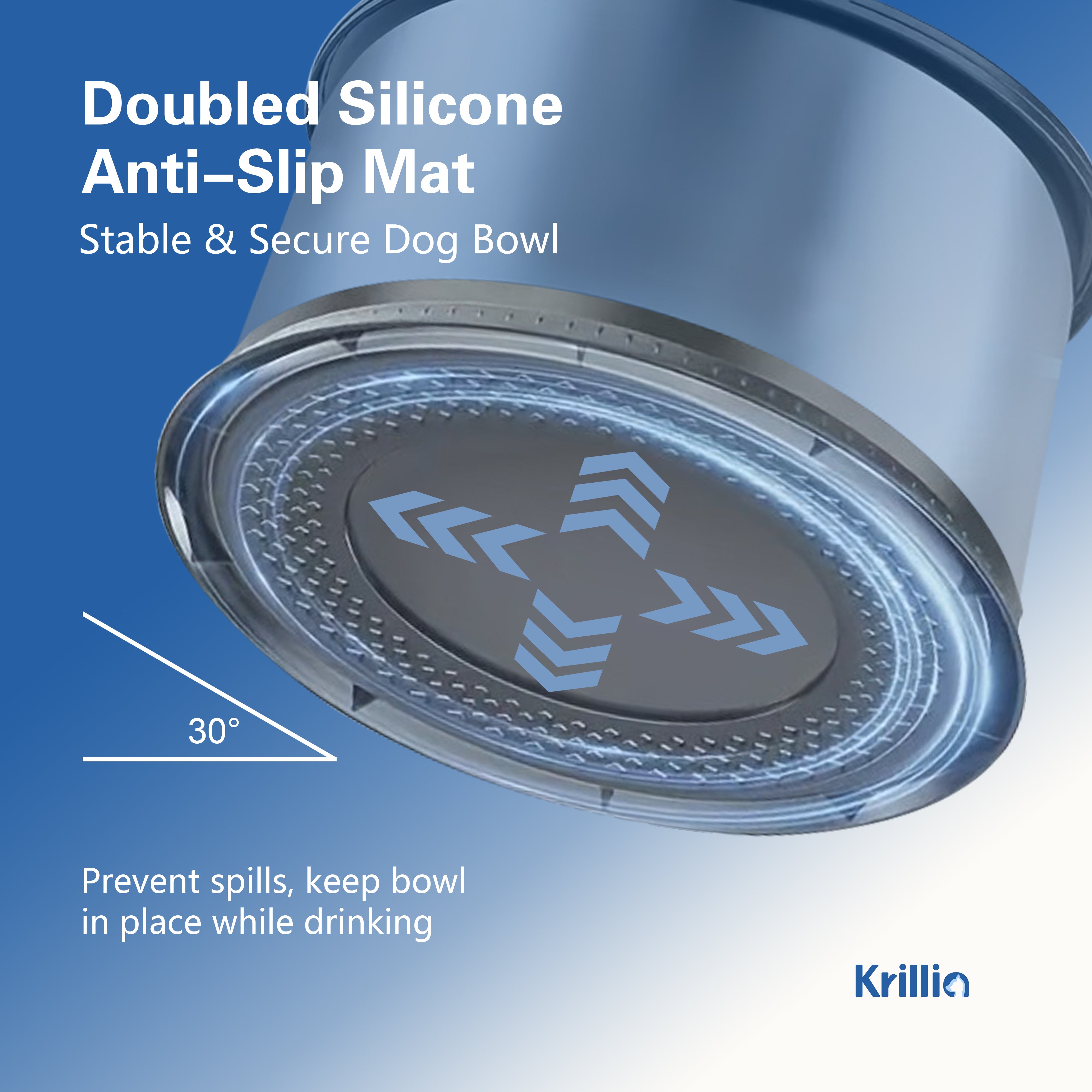 Krillia dog water bowl with doubled silicone anti-slip mat, stable base to prevent spills and keep bowl secure while drinking.