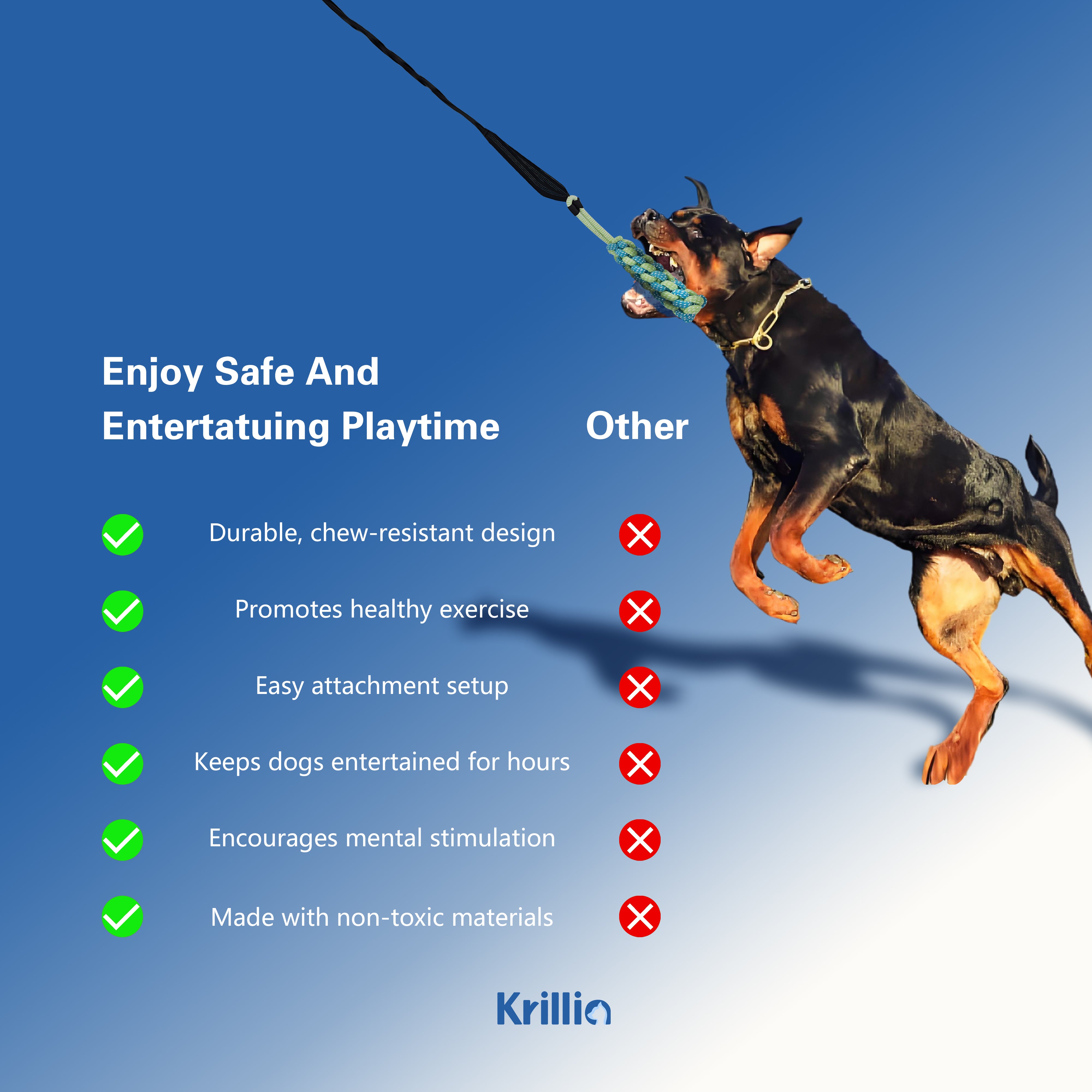 Krillia dog bungee tug toy promotes safe play, healthy exercise, and mental stimulation compared to other dog toys.