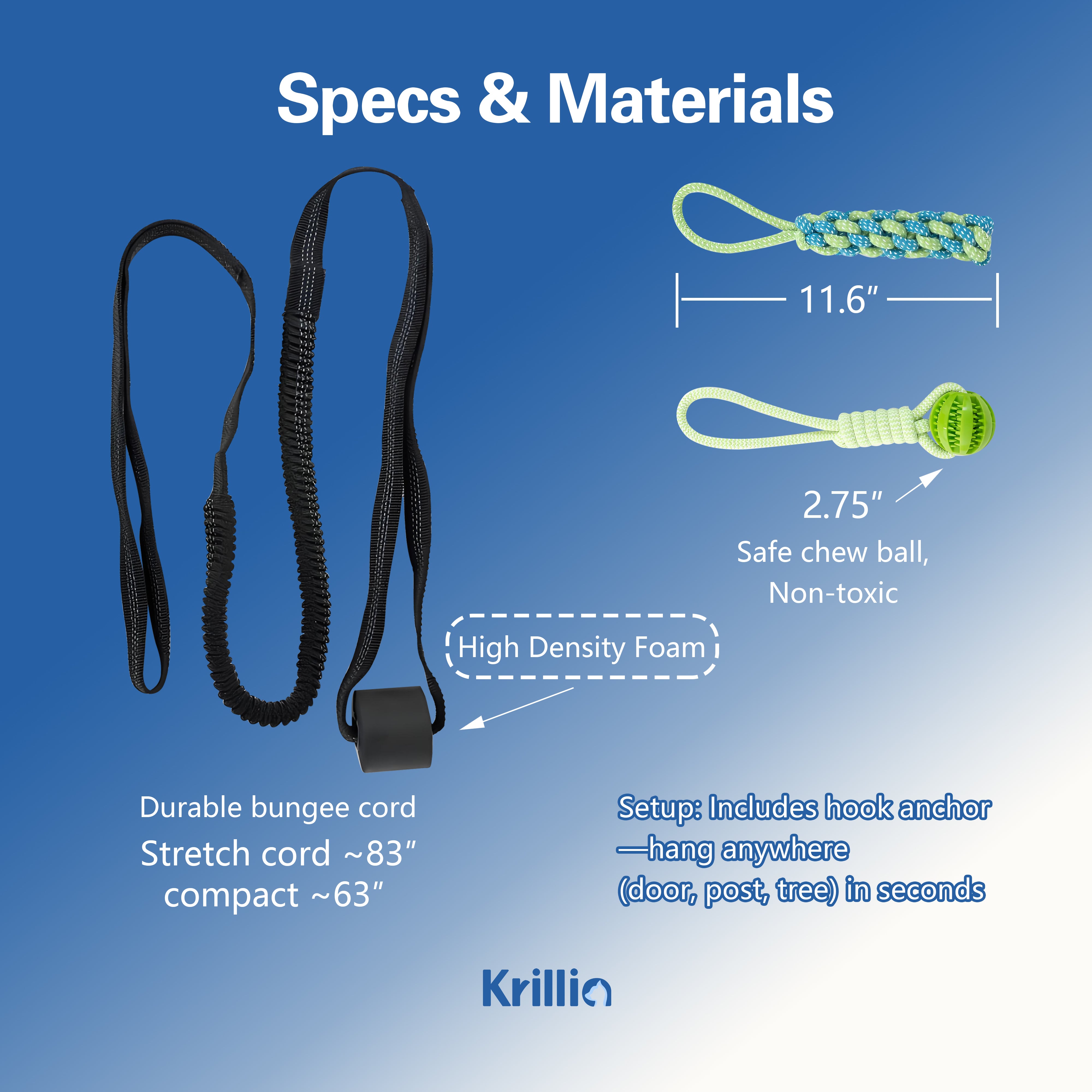 Krillia dog bungee tug toy with durable stretch cord, non-toxic chew ball, and high-density foam for safe and lasting play.