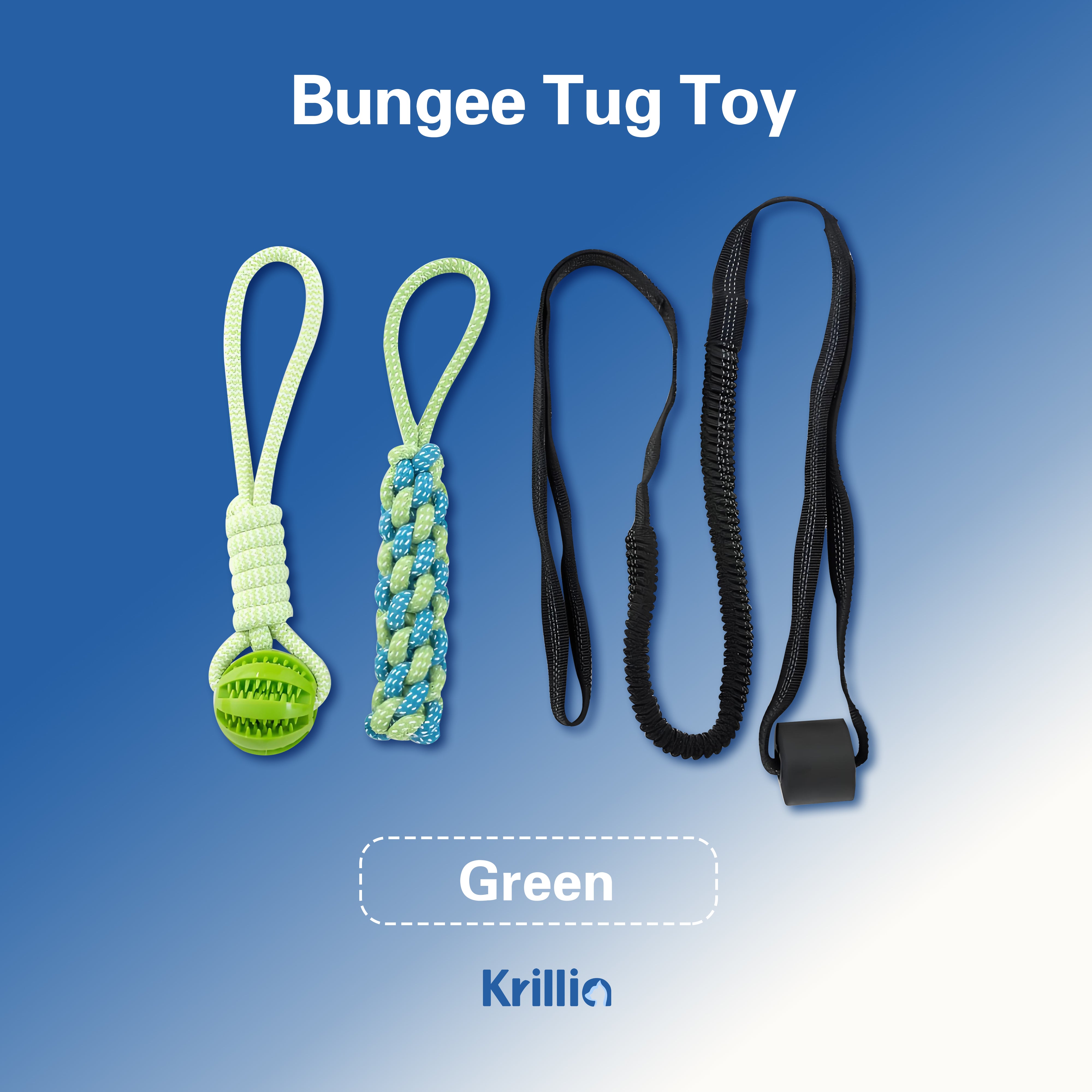 Krillia green bungee tug toy set with durable chew ball, braided rope, and elastic cord for interactive dog training and play.