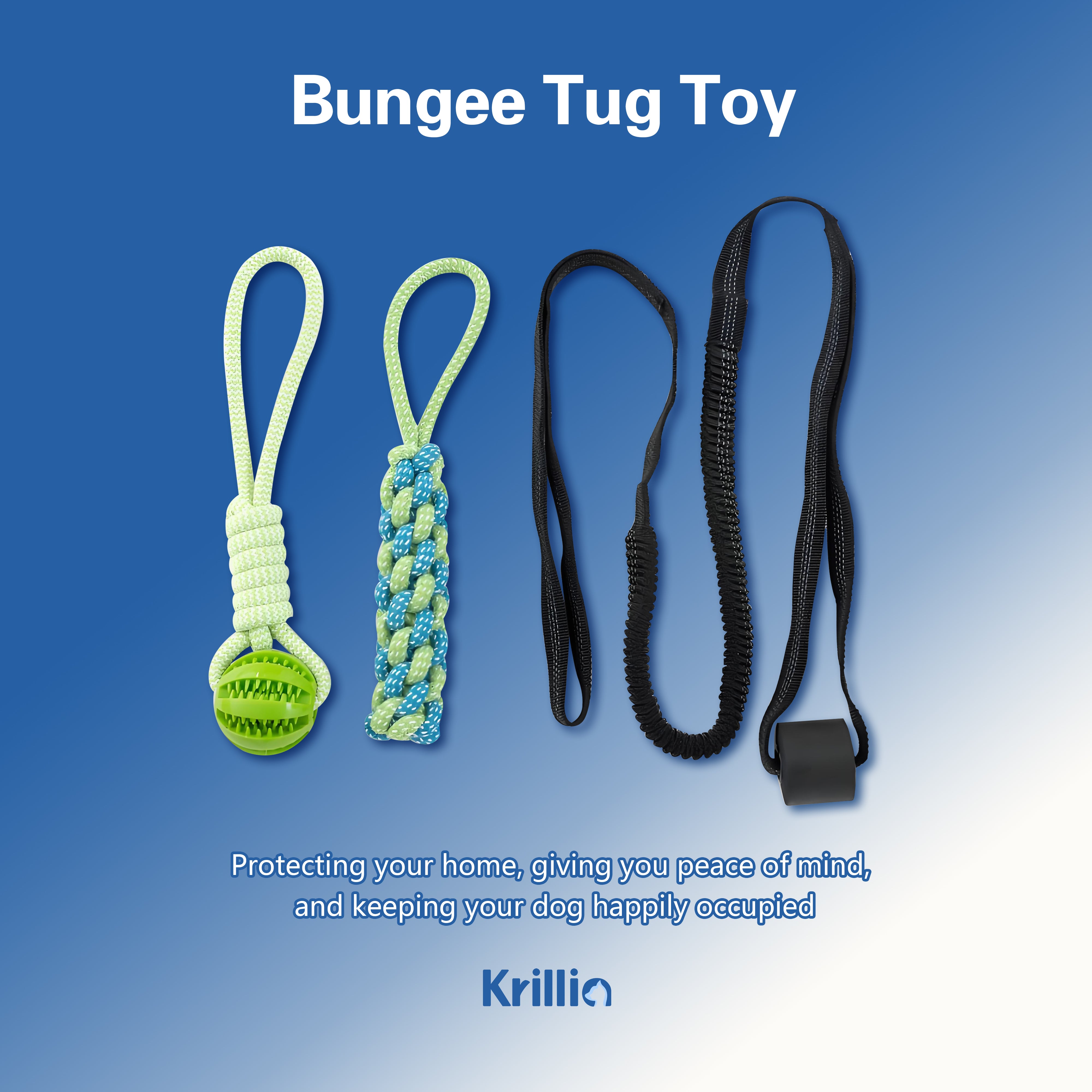 Krillia bungee tug toy set for dogs, durable rope chew toys with elastic pull design for safe play and stress relief.
