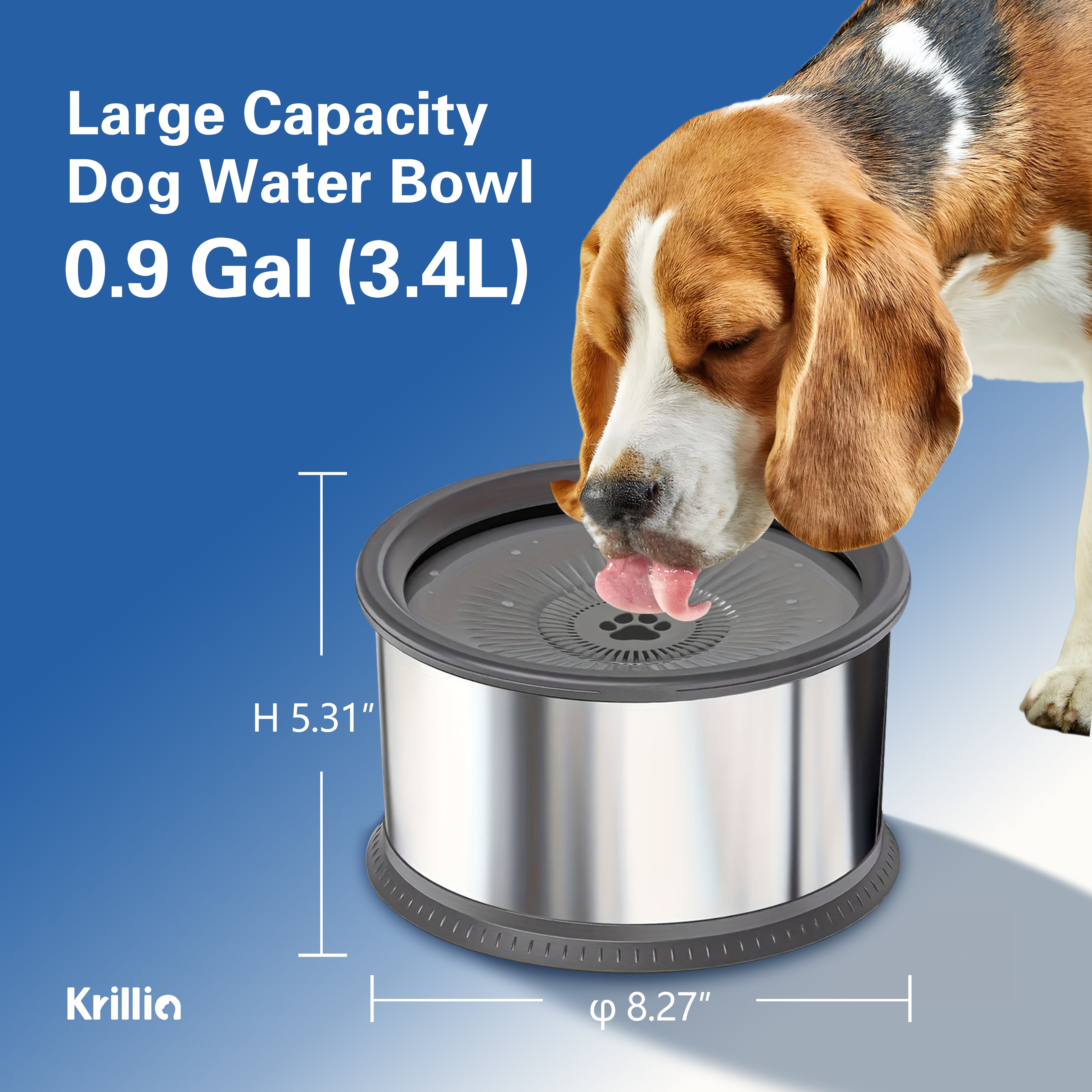 Krillia large capacity dog water bowl 0.9 gallon 3.4L with beagle drinking, stainless steel design, anti-splash lid, and non-slip base.