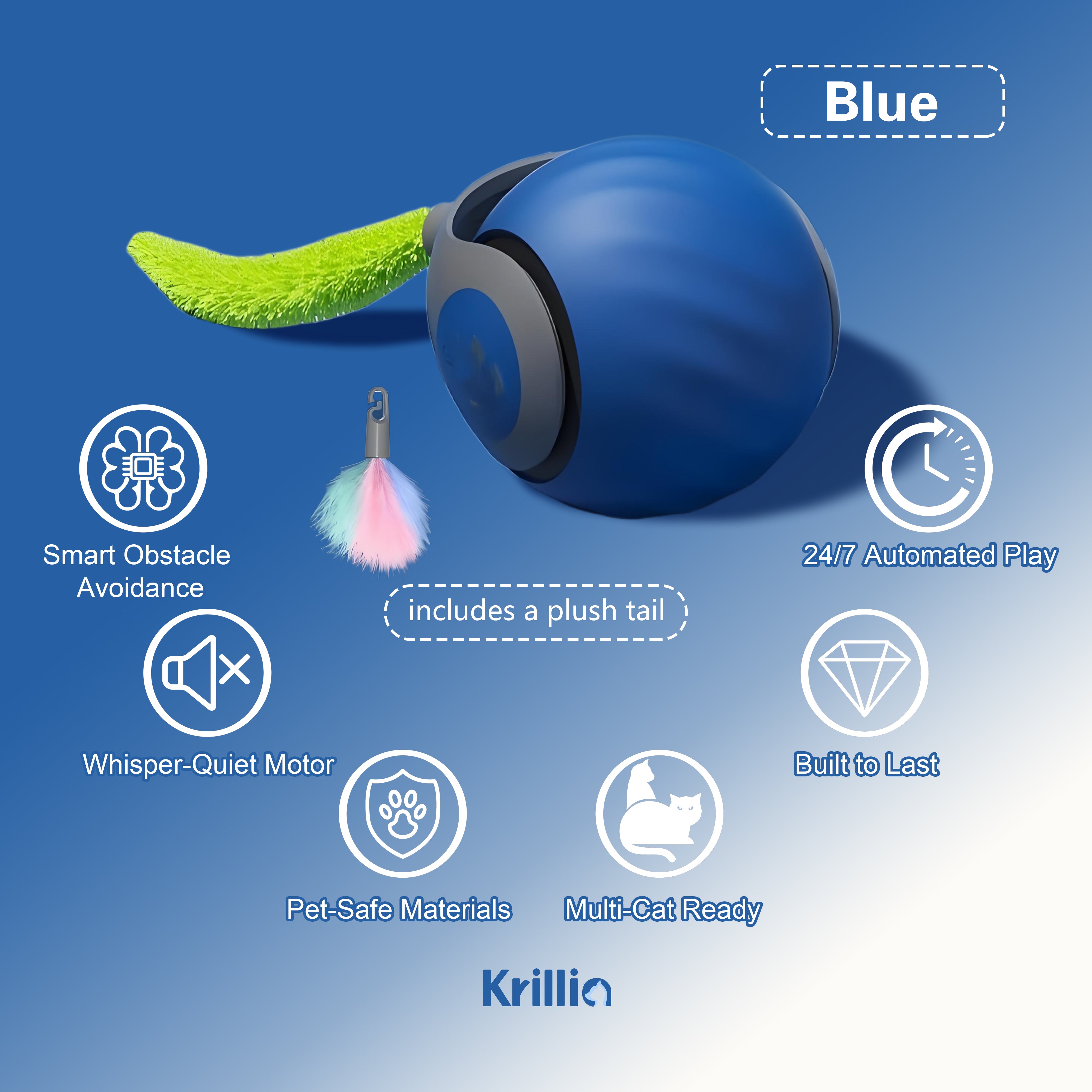 Krillia Speedy Sprint Ball blue interactive cat toy with green fuzzy tail and optional plush tail, featuring smart obstacle avoidance, whisper-quiet motor, and 24/7 automated play.
