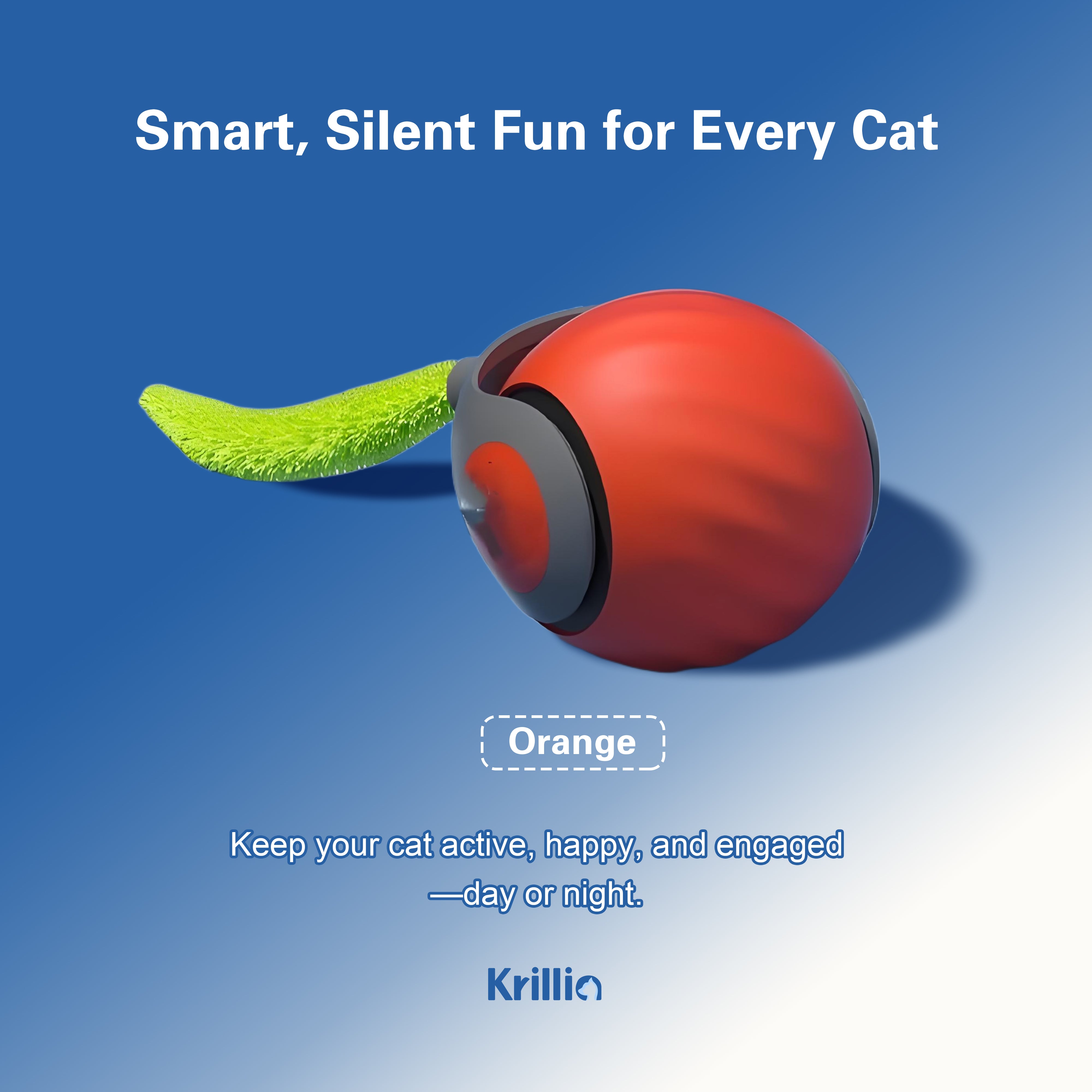 Krillia Speedy Sprint Ball orange interactive cat toy with green fuzzy tail, designed for smart and silent play to keep cats active day and night.
